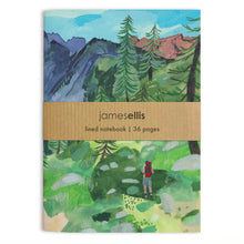 A6 notebook cover with a hiker in a red rucksack among fir trees and boulders below blue mountains