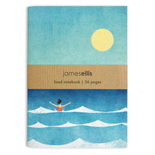 A6 notebook cover showing a swimmer in a red costume among white-capped waves under a yellow sun