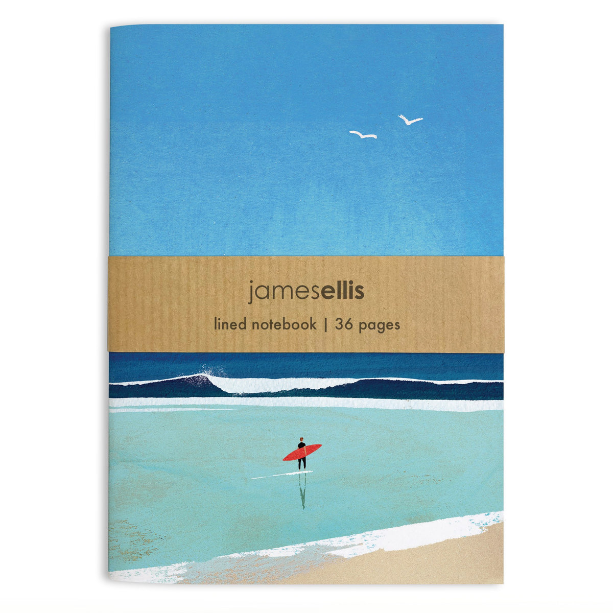A6 notebook cover with a surfer carrying a red board into the shallows towards a breaking wave