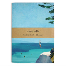 A6 notebook cover showing a swimmer leaping from a cliff into a turquoise sea with swimmers below