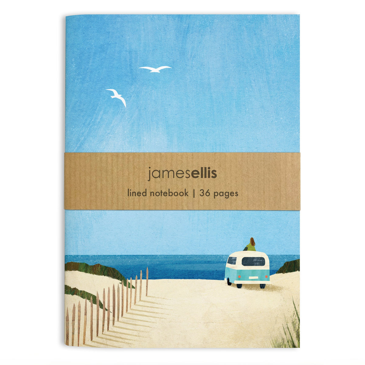 A6 notebook cover with a pale blue campervan on sand dunes facing the sea, a figure sitting on its roof