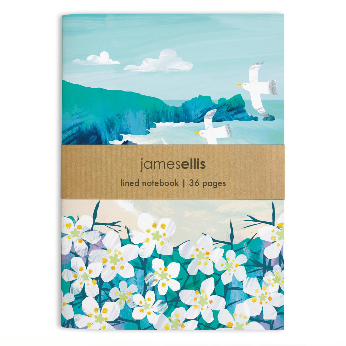 A6 notebook cover with white blackthorn blossom, two gulls and a teal headland over the sea