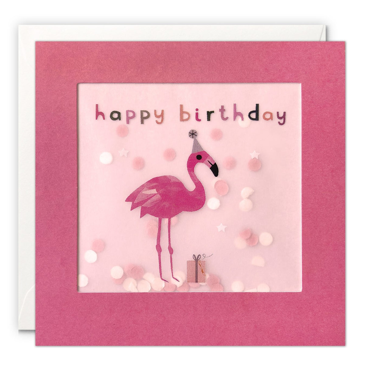 Raspberry pink birthday card with a flamingo in a party hat and pink paper confetti in a window