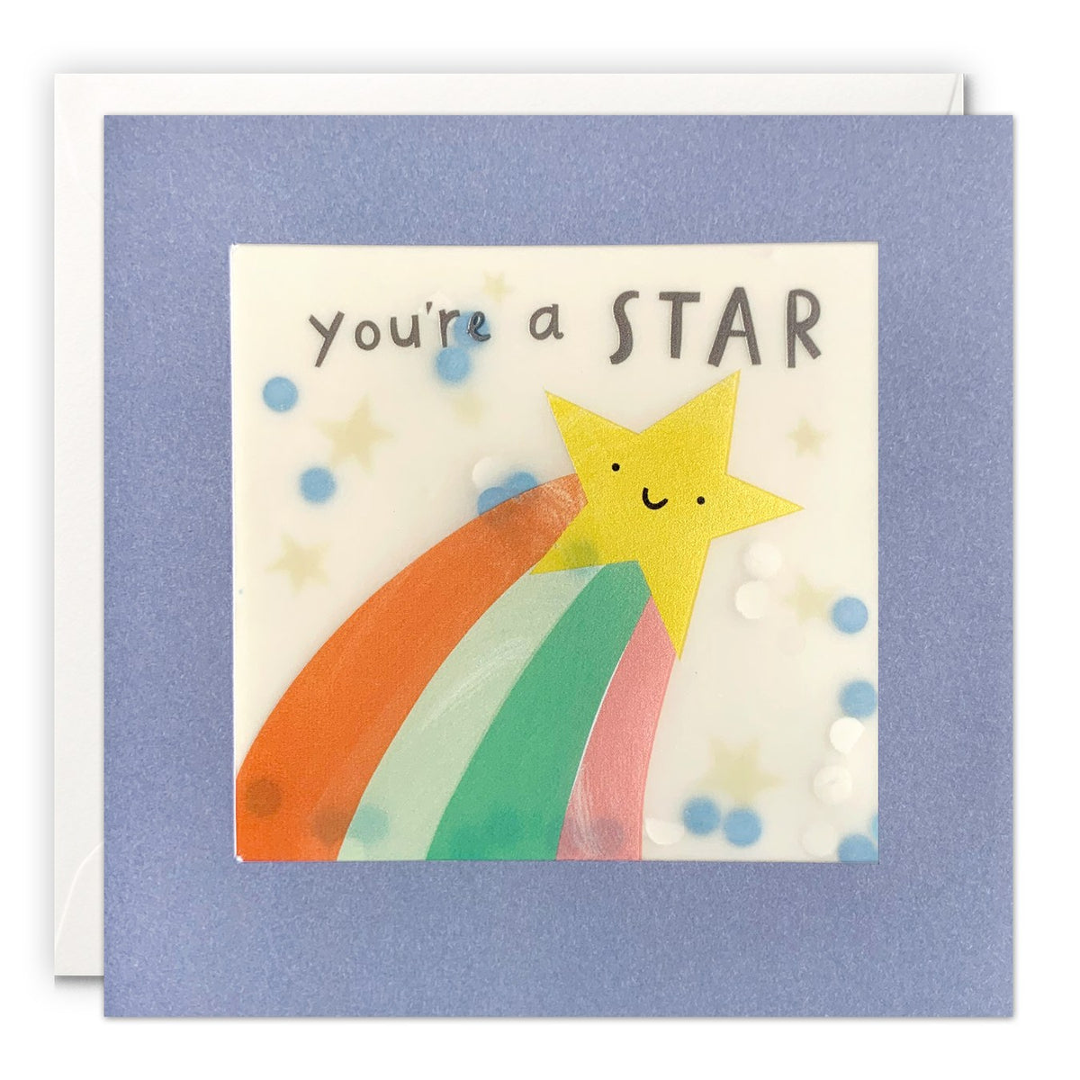 Periwinkle card with a smiling shooting star and rainbow under 'you're a STAR' with paper confetti