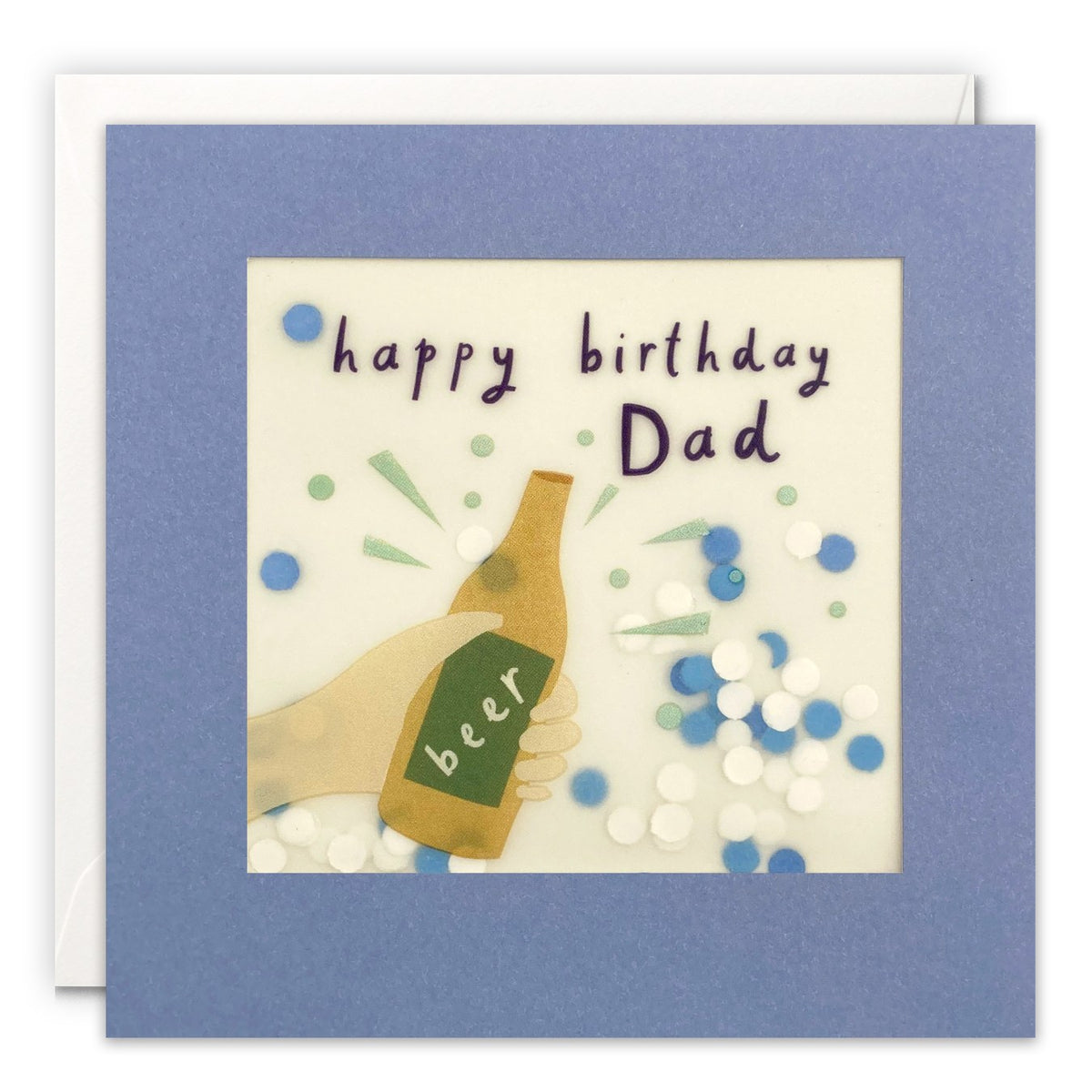 Blue card with a hand holding a beer bottle and 'happy birthday Dad' with blue and white confetti