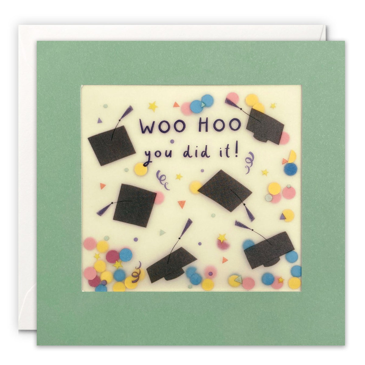 Sage card with tossed mortarboards around 'Woo Hoo you did it!' and colourful paper confetti