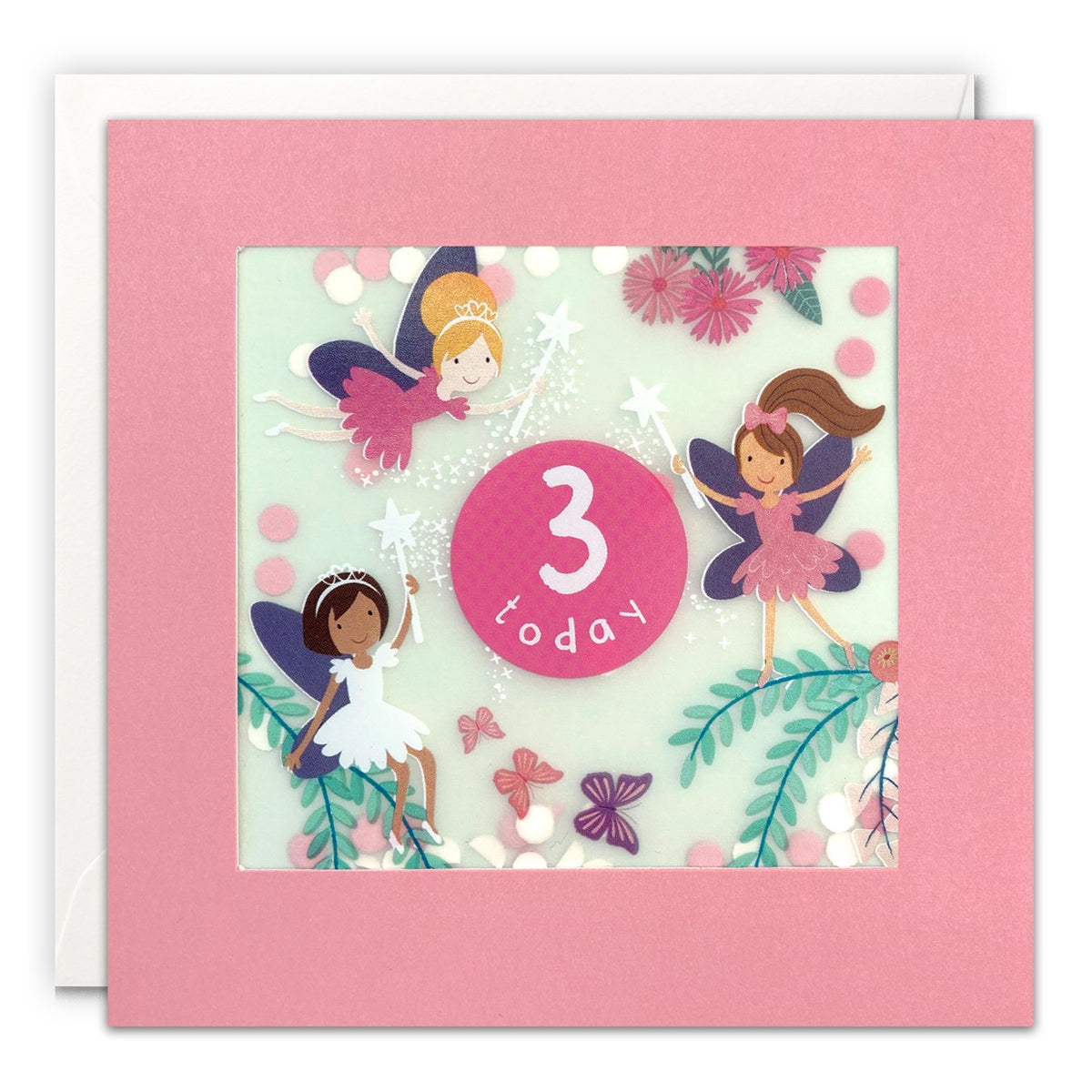 Pink age 3 card with three fairies, flowers and butterflies around '3 today' with paper confetti