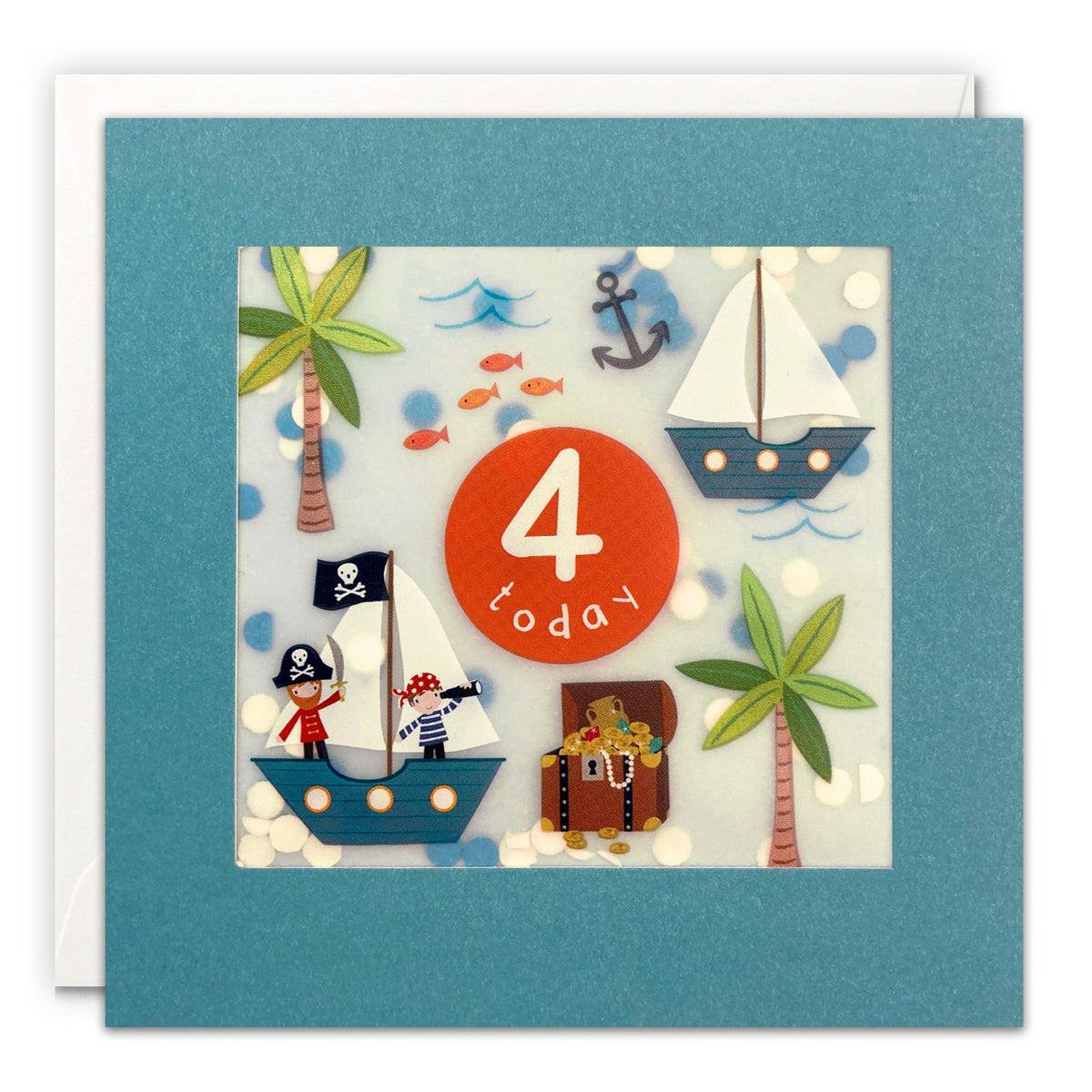 Teal age 4 card with a pirate ship, treasure chest and palm trees around '4 today' with confetti