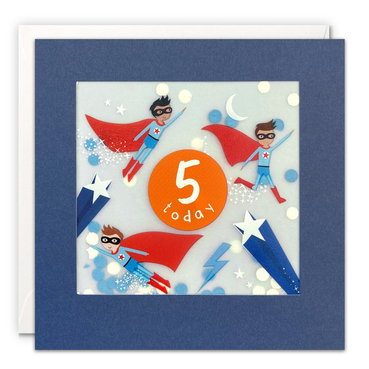 Navy age 5 card with three flying caped superheroes around '5 today' with blue paper confetti