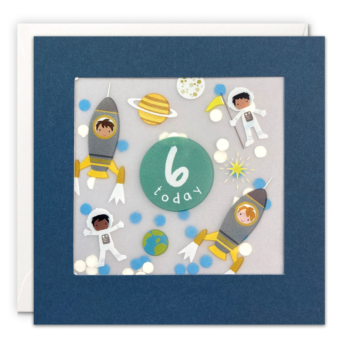 Navy age 6 card with astronauts, rockets and planets around '6 today' with blue paper confetti