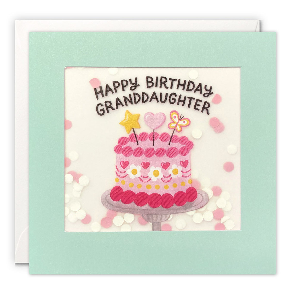 Mint card with a pink decorated cake and 'Happy Birthday Granddaughter' with paper confetti