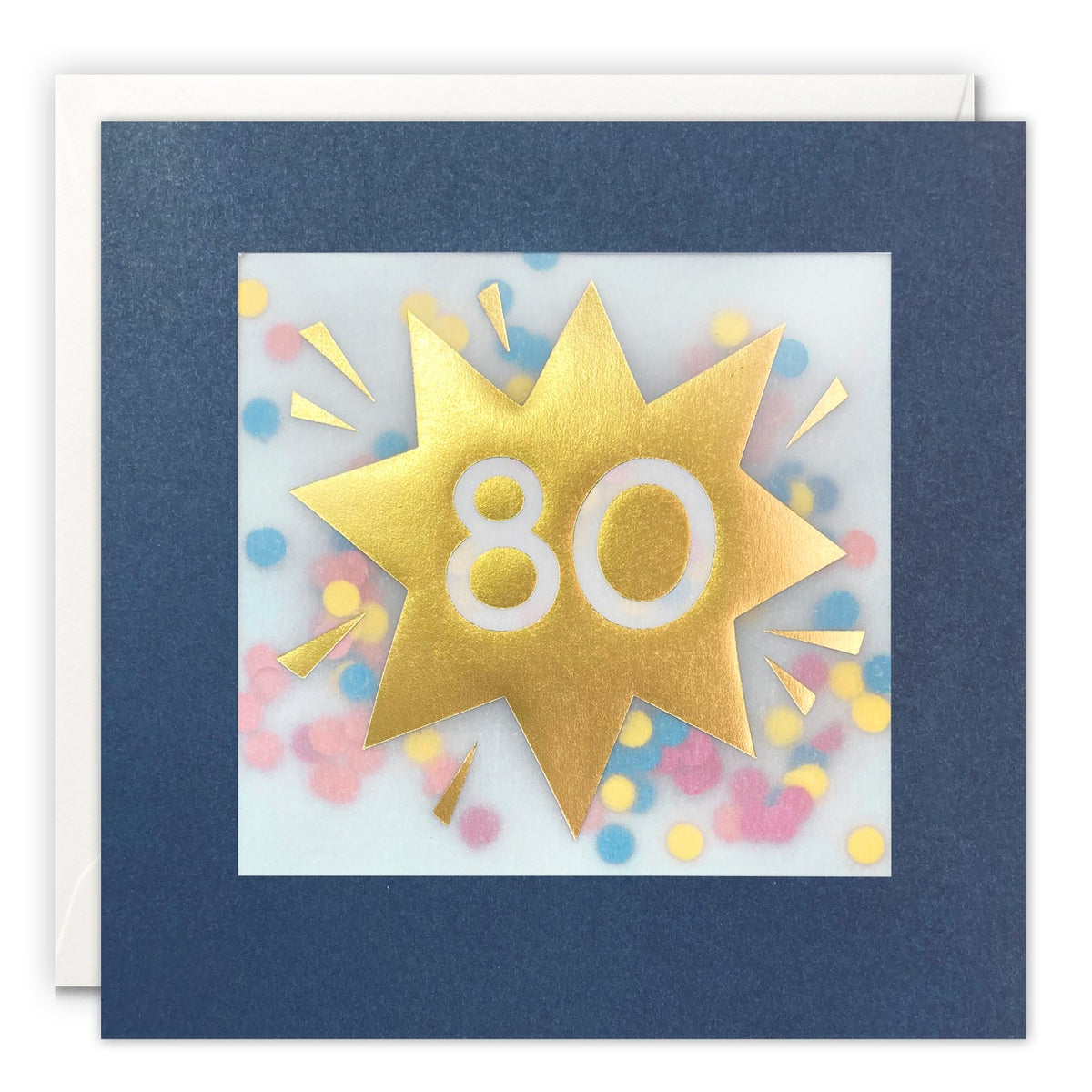 Navy 80th birthday card with a gold foil starburst and number 80 over pastel paper confetti