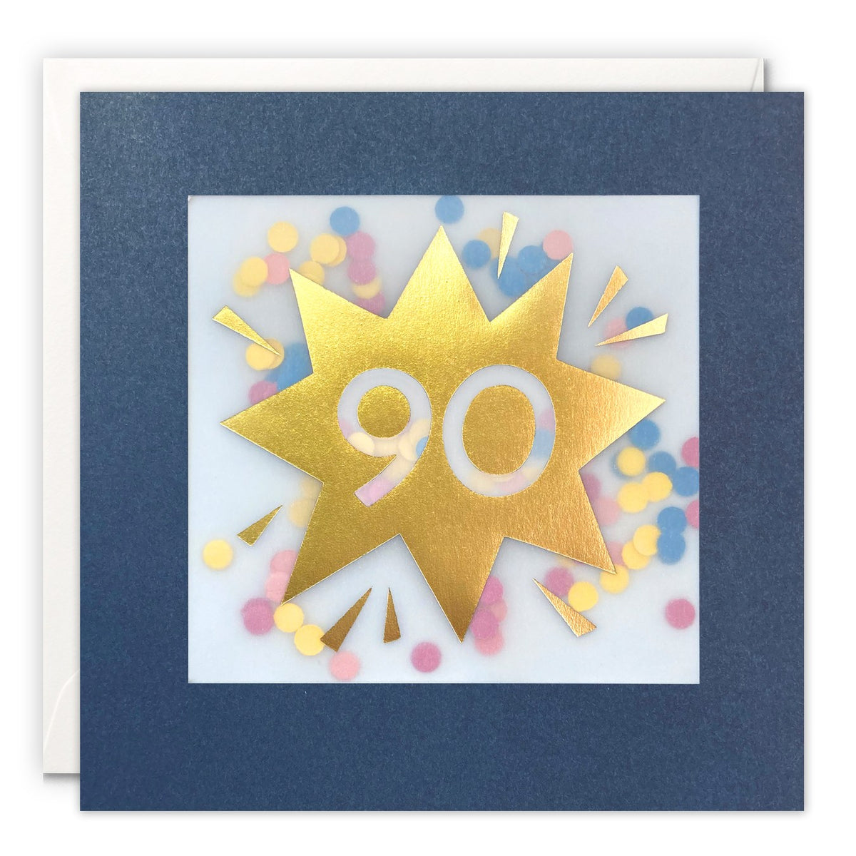 Navy 90th birthday card with a gold foil starburst and number 90 over pastel paper confetti
