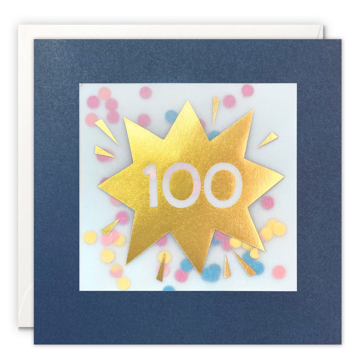 Navy 100th birthday card with a gold foil starburst and number 100 over pastel paper confetti
