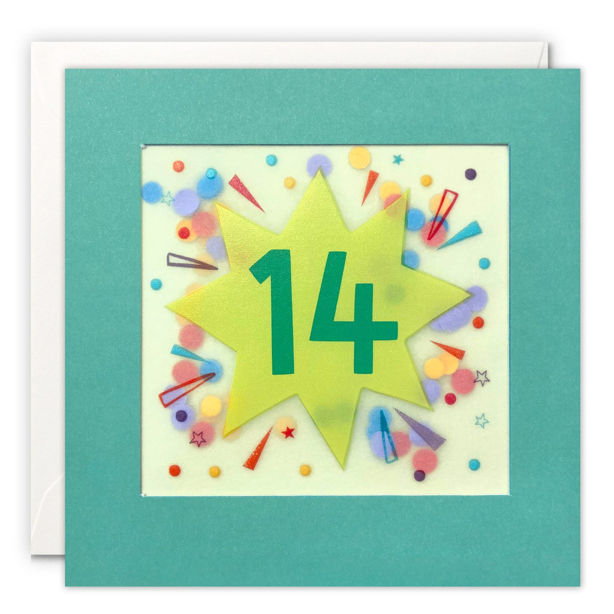 Teal age 14 birthday card with a lime green star and number 14 over rainbow paper confetti