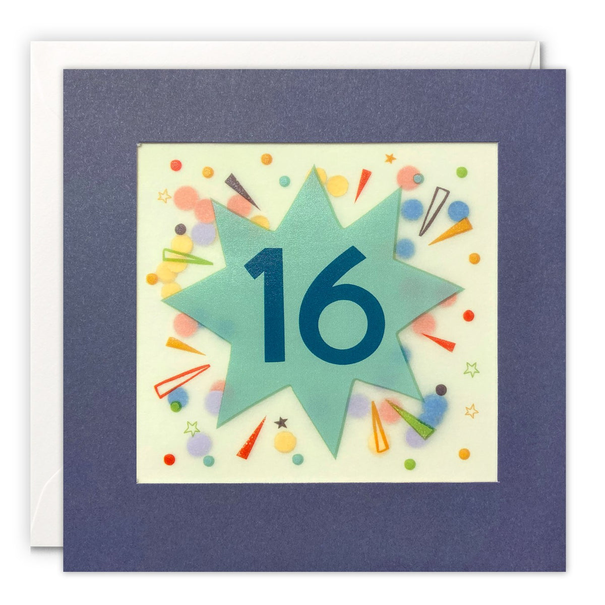 Indigo age 16 birthday card with a sage star and number 16 over rainbow paper confetti