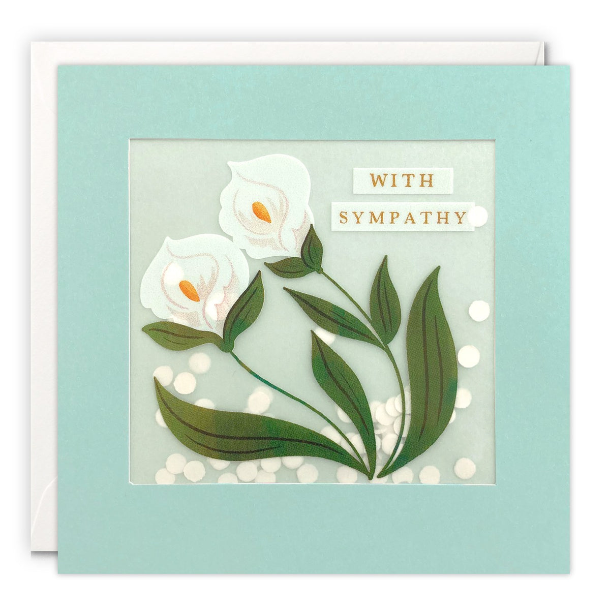 Duck-egg blue sympathy card with white arum lilies and 'With Sympathy' above white paper confetti