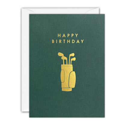 Forest green mini birthday card with a gold foil golf bag and clubs and Happy Birthday in gold capitals