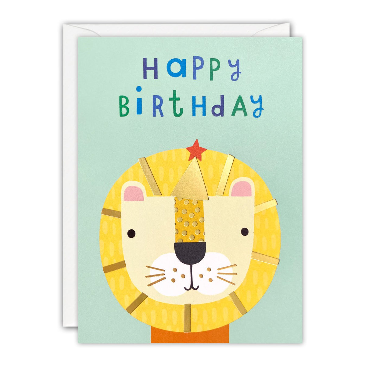 Mini children's birthday card of a smiling lion in a gold foil party hat on pale mint, Happy Birthday lettering