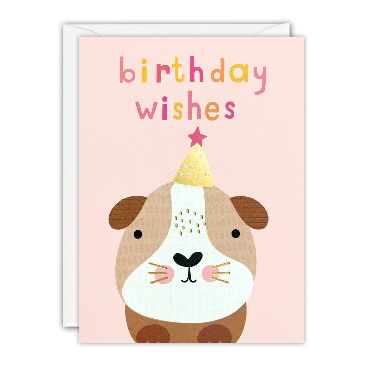 Mini children's birthday card of a smiling guinea pig in a gold foil party hat on blush pink, Birthday Wishes lettering
