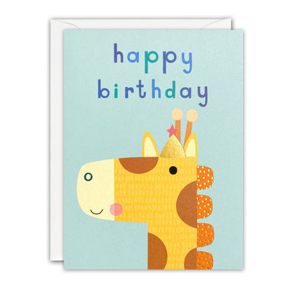Mini children's birthday card of a smiling giraffe in a gold foil party hat on pale aqua, Happy Birthday lettering