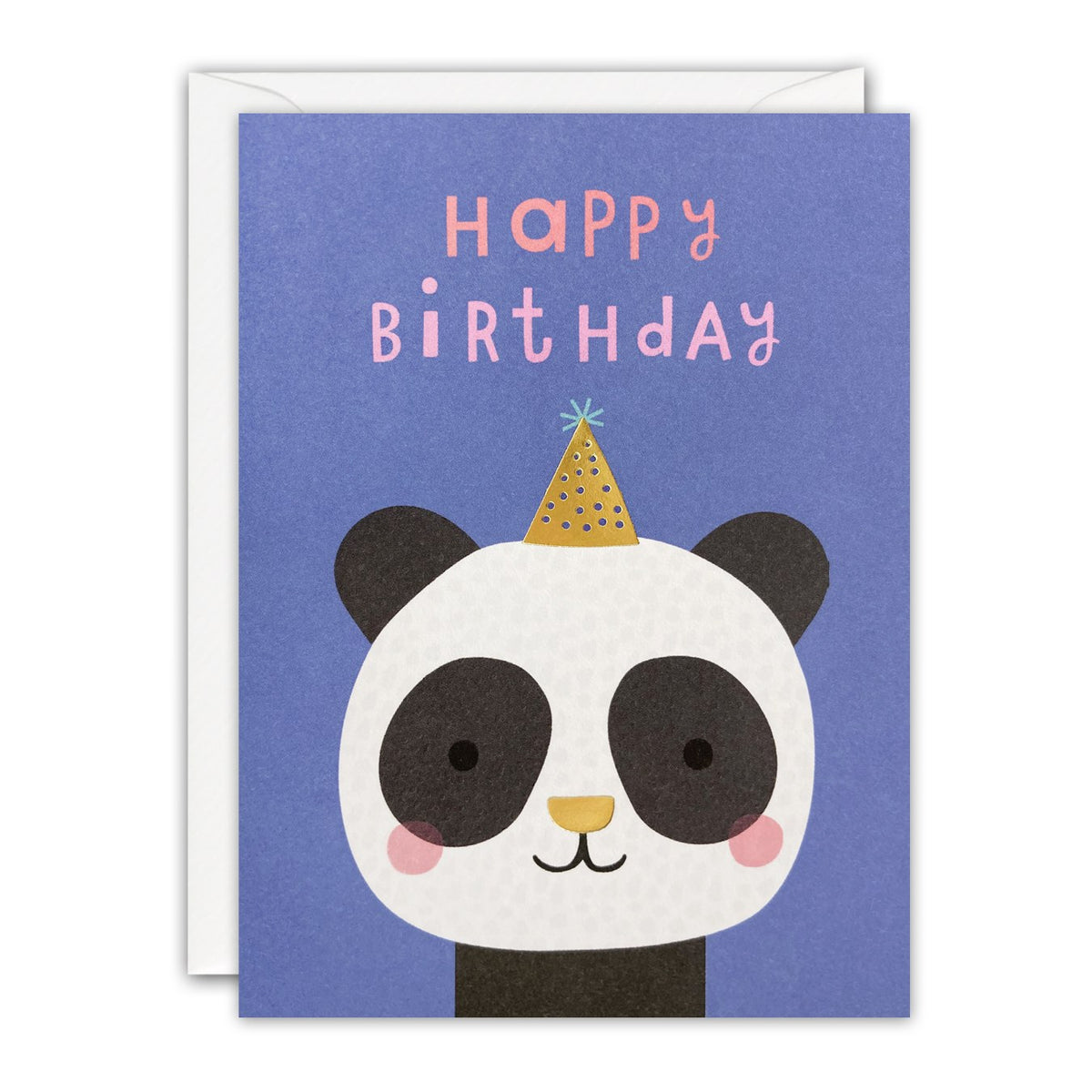 Mini children's birthday card of a smiling panda in a gold foil party hat on periwinkle blue, Happy Birthday lettering