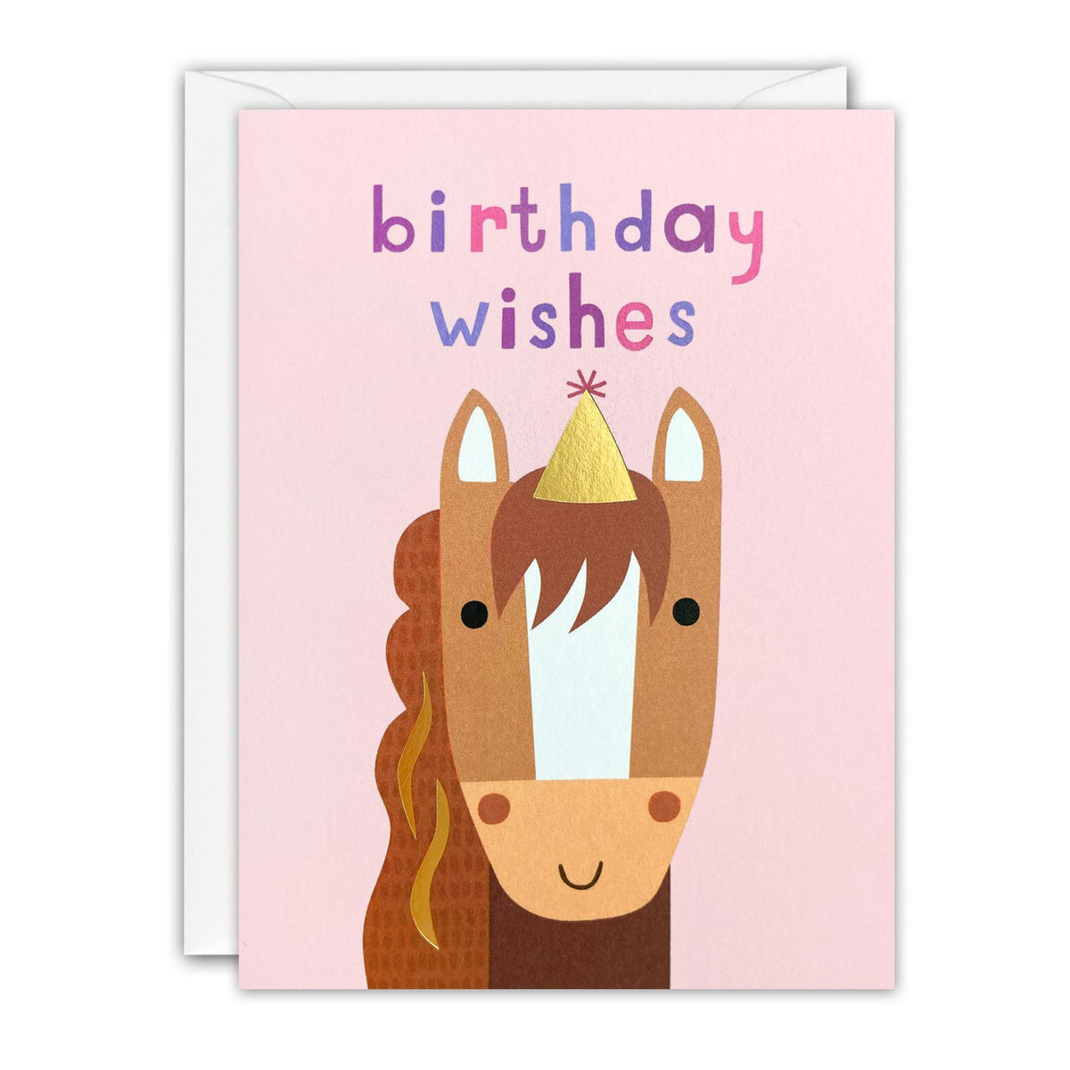 Mini children's birthday card of a smiling horse in a gold foil party hat on soft pink, Birthday Wishes lettering