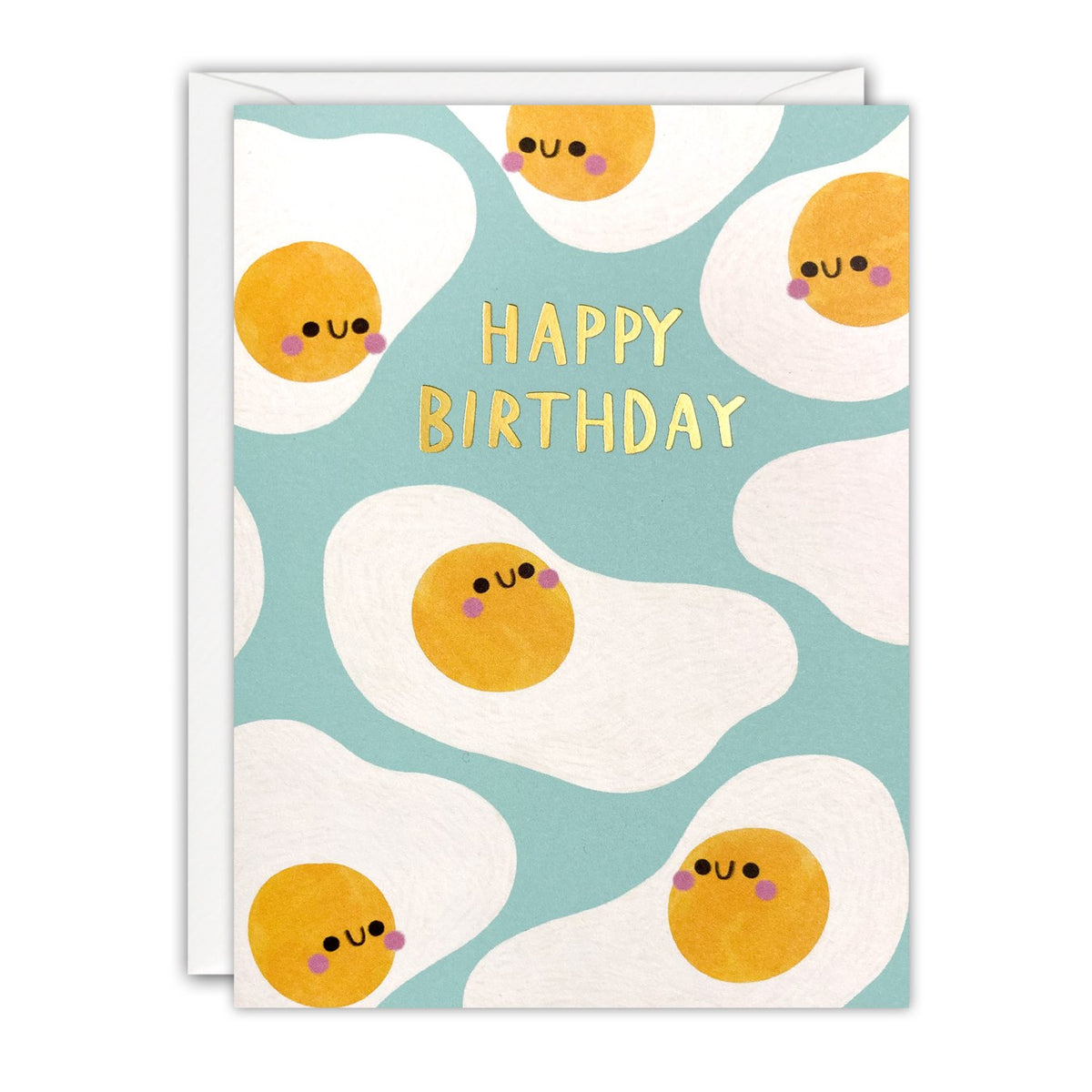 Mini birthday card of smiling fried eggs on a pale turquoise background, gold foil Happy Birthday