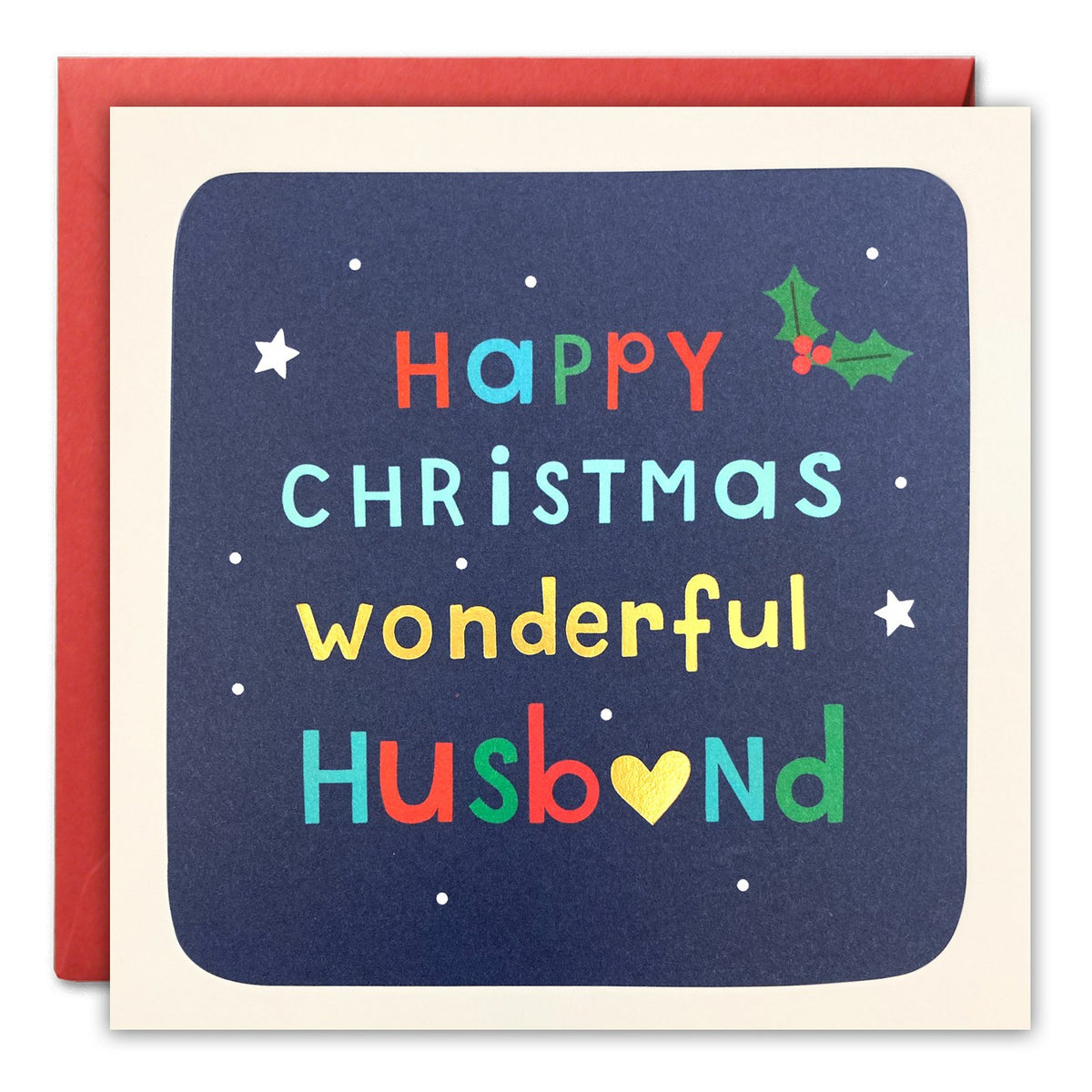 Christmas card for a husband with colourful lettering on navy, 'Happy Christmas wonderful Husband'