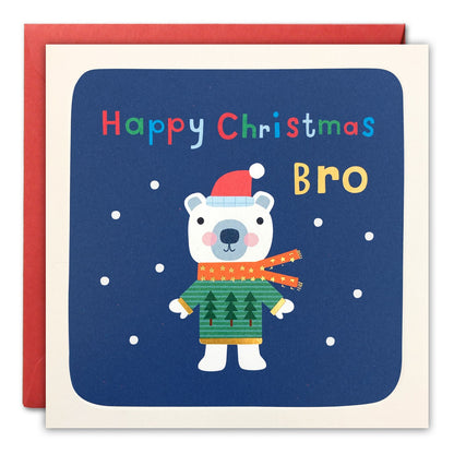 Christmas card for a brother of a polar bear in a Christmas jumper on navy, 'Happy Christmas Bro'