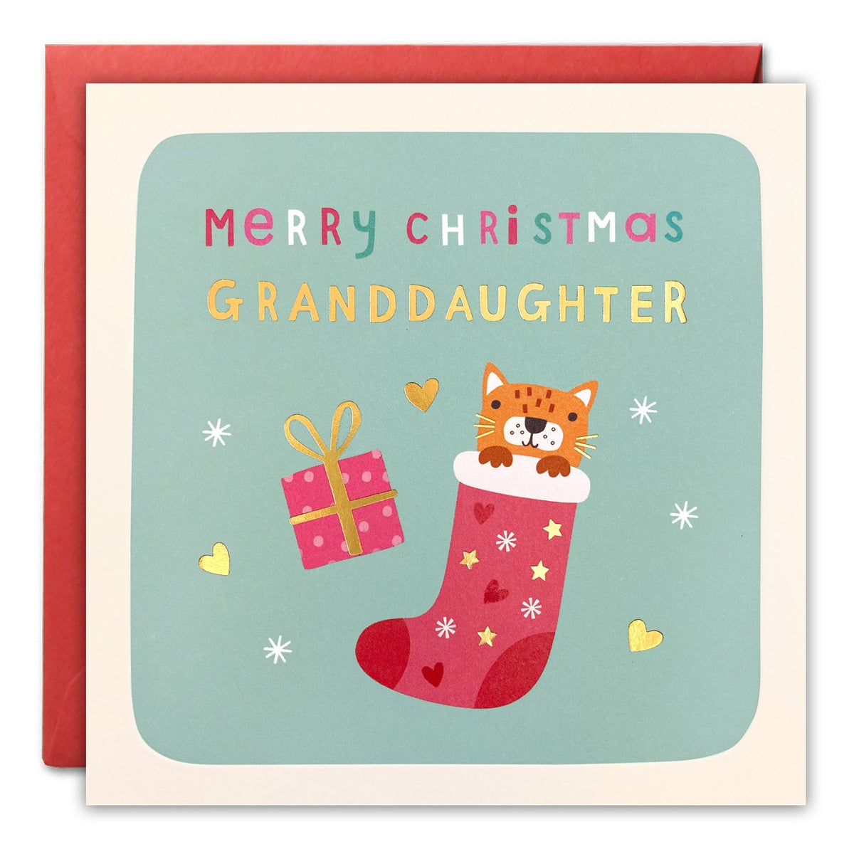 Christmas card for a granddaughter of a kitten in a stocking on sage, 'Merry Christmas Granddaughter'