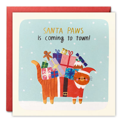 Christmas card of a ginger cat in a Santa suit carrying presents on pale blue, 'Santa Paws is coming to town!'