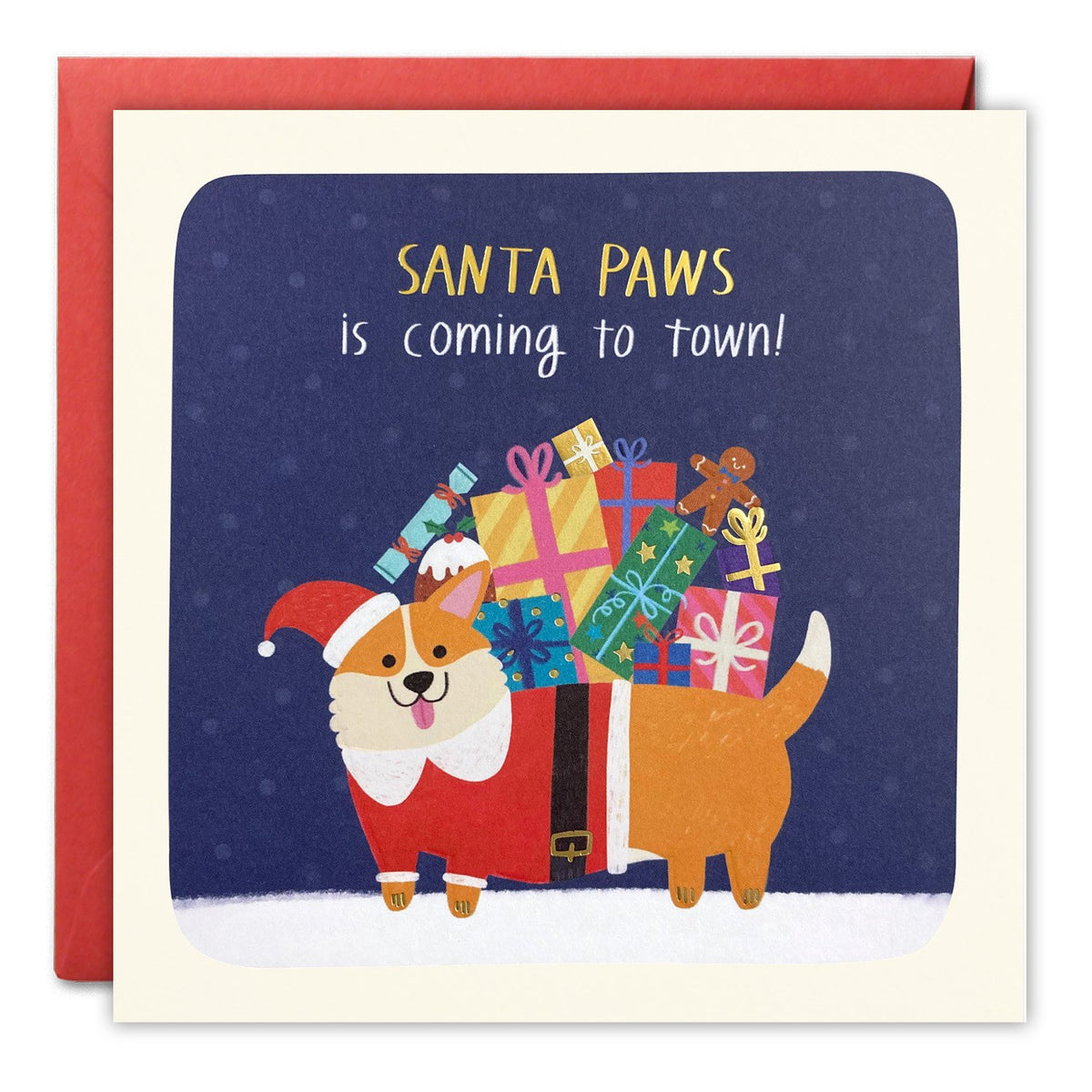 Christmas card of a corgi in a Santa suit carrying presents on navy, 'Santa Paws is coming to town!'