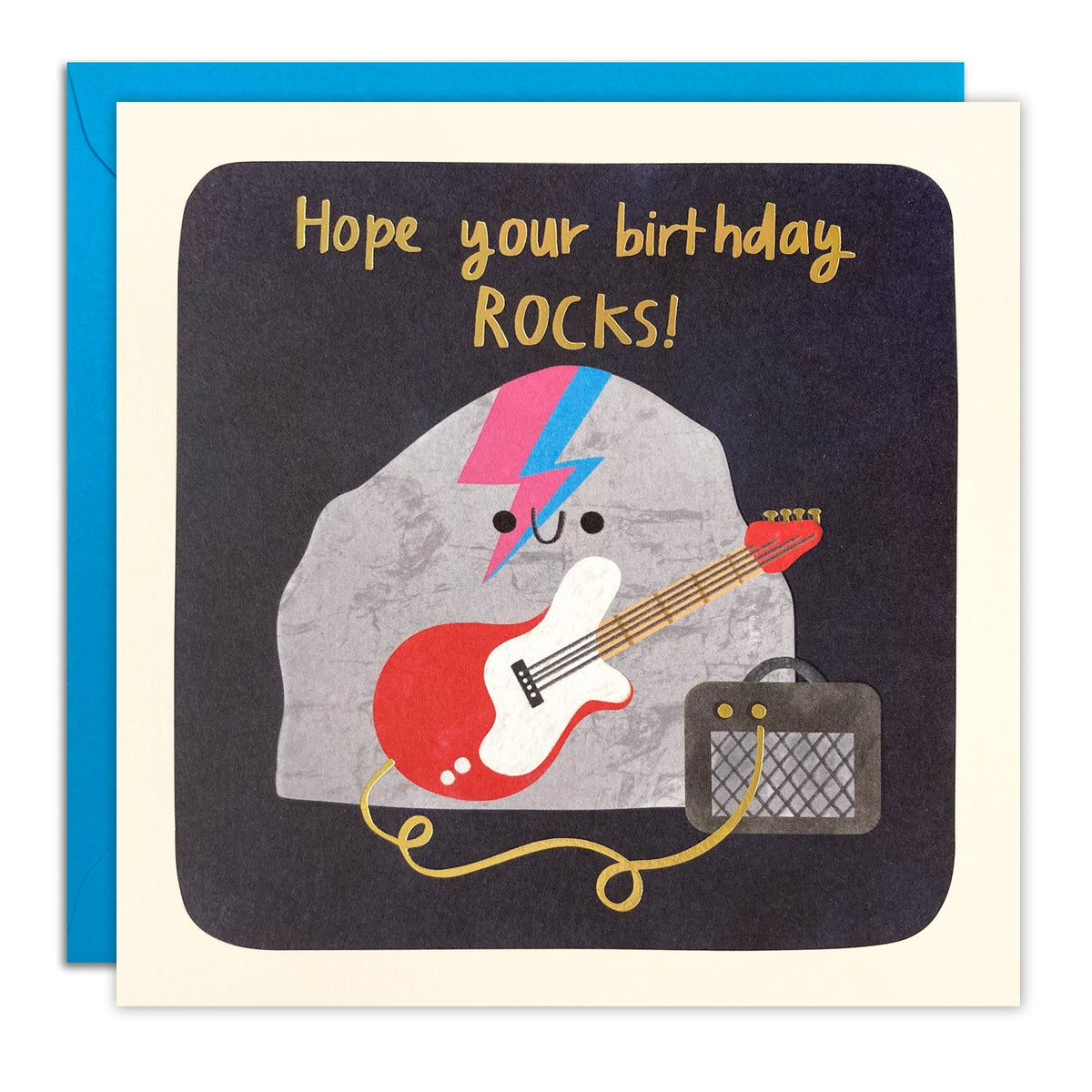 Square birthday card of a smiling rock with lightning bolt playing red electric guitar, gold foil 'Hope your birthday rocks!'