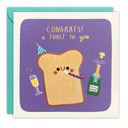 Congratulations card of a smiling slice of toast with fizz on purple, gold foil 'Congrats! a Toast to you'