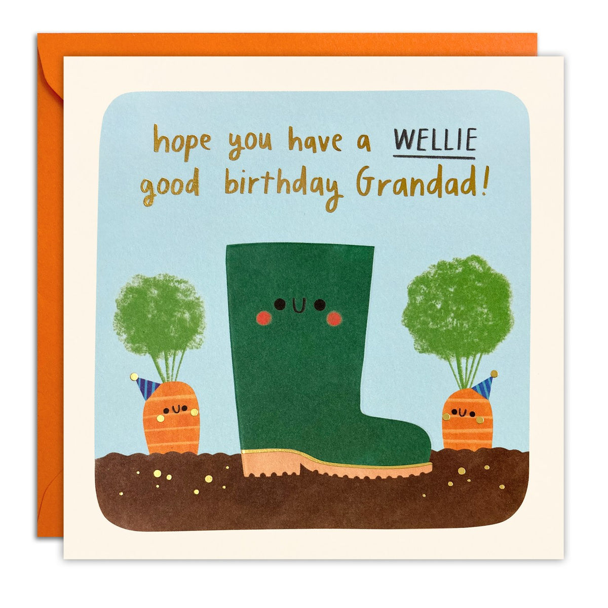 Grandad birthday card of a green wellie between two carrots, gold foil 'hope you have a wellie good birthday Grandad!'
