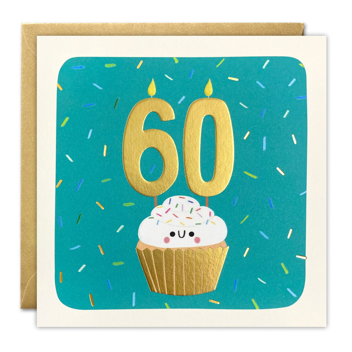 60th birthday card of a smiling cupcake with gold foil 60 candles on teal with confetti