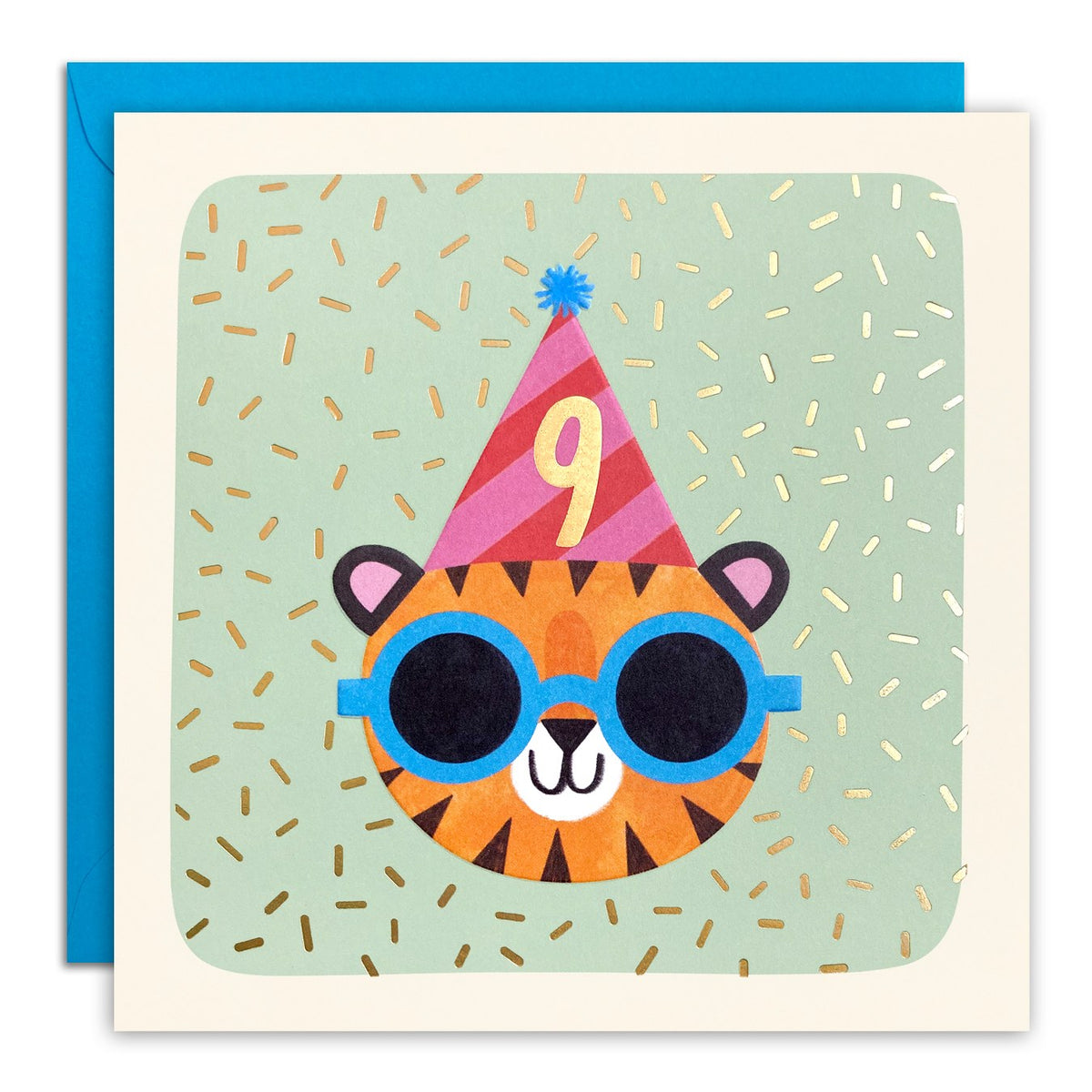 Age 9 birthday card of a tiger in blue sunglasses and party hat with gold 9 on mint green