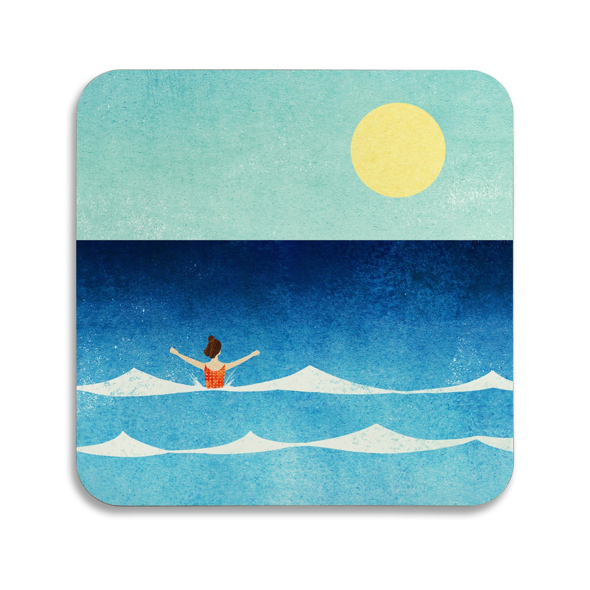 Square coaster showing a swimmer in a red costume among white waves under a pale yellow sun