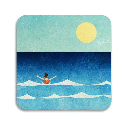 Square coaster showing a swimmer in a red costume among white waves under a pale yellow sun