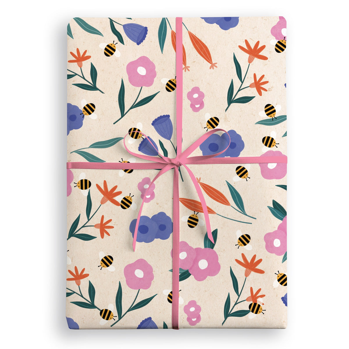 Oatmeal wrapping paper with bumblebees among pink, blue and orange flowers, tied with a pink ribbon