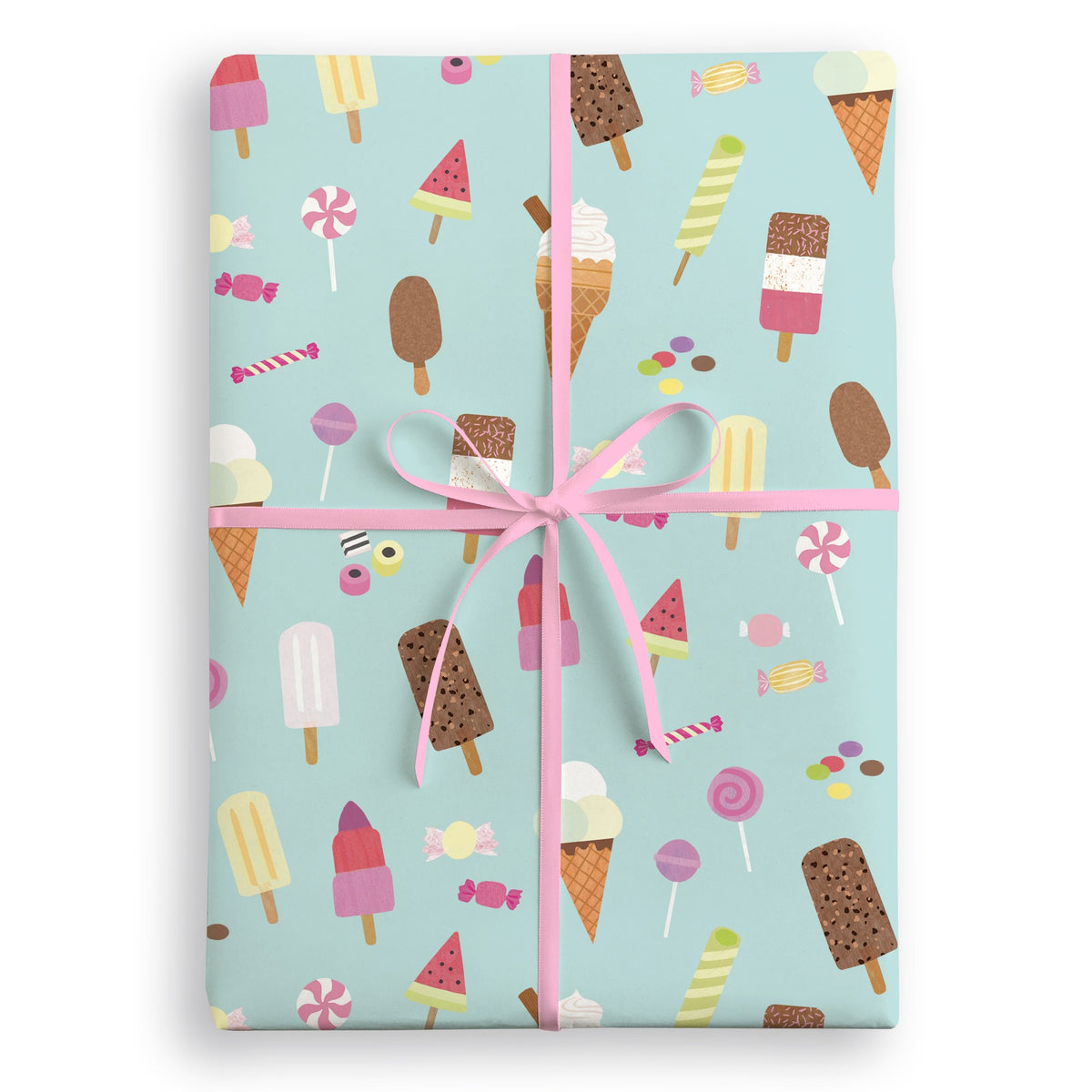 Light blue wrapping paper with ice cream cones, ice lollies, lollipops and sweets, tied with a pink ribbon
