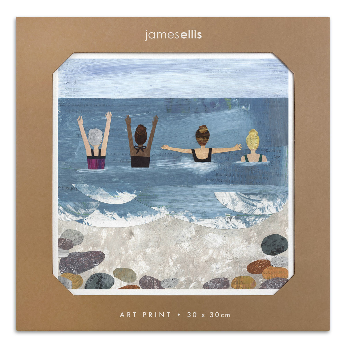 Wild Sea Swimmers art print: four women swimmers with arms raised in the sea above a pebbly beach