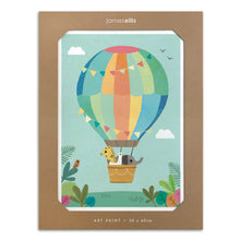 Day Balloon Ride Animals art print: giraffe, bird and elephant in a rainbow hot-air balloon with bunting