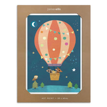 Night Balloon Ride Animals art print: dog, bird and fox in a spotty hot-air balloon under a starry night sky