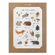 In the Woods Animals art print: labelled woodland animals including fox, owl, hedgehog and badger