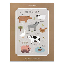 On the Farm Animals art print: labelled farm animals including a cow, pig, sheep and horse