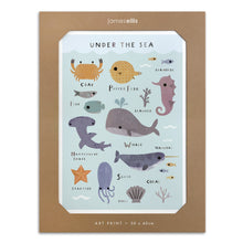 Under the Sea Creatures art print: labelled sea creatures including a whale, crab, seahorse and shark