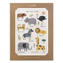 In the Wild Safari Animals art print: labelled safari animals including a lion, elephant, zebra and giraffe
