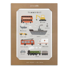 Transport Vehicles Children’s art print: labelled vehicles including a bus, digger, fire engine and steam train